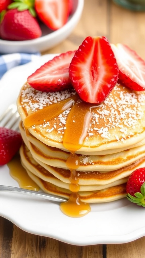 Fluffy keto cottage cheese pancakes topped with strawberries and syrup on a white plate.